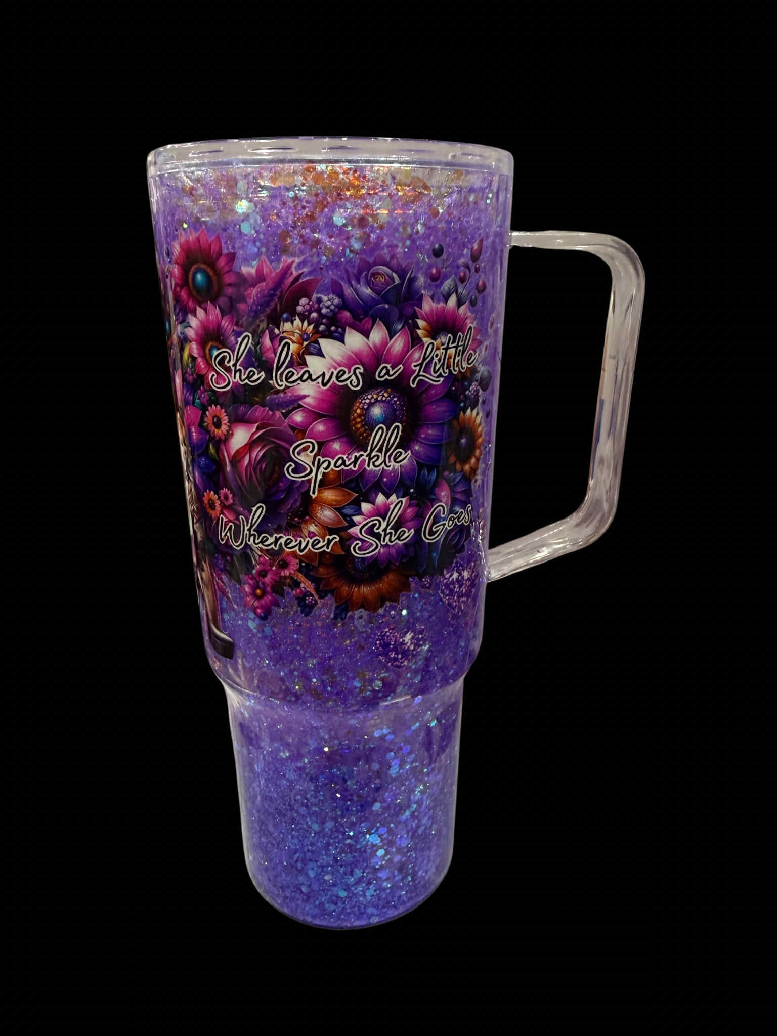 40oz Premade Snowglobe tumbler- She leaves sparkle