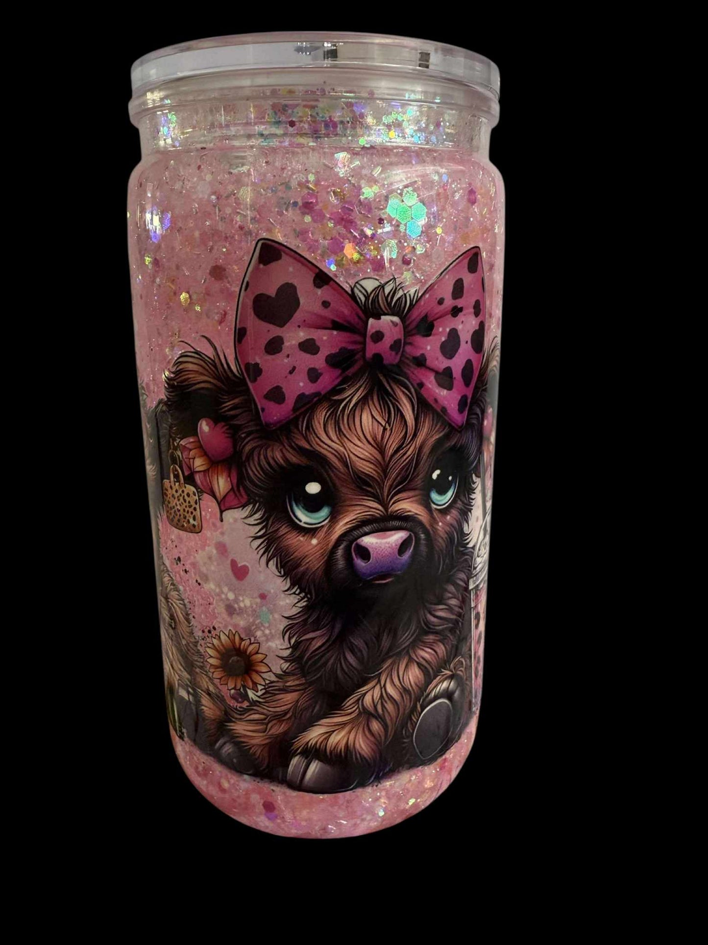 16oz Acrylic Snowglobe Premade Highland Cow Pink